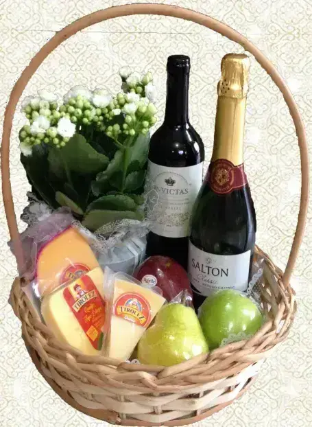 Cesta de Vinhos, Queijos, Frutas e Flores