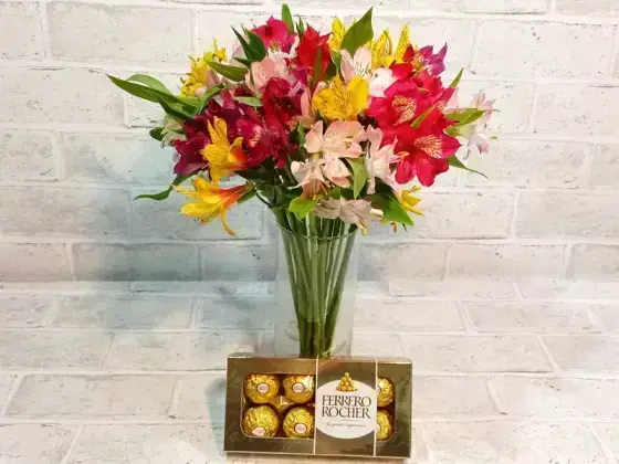 Vaso com Astromelias + Chocolates - Ferrero 8 Unidades