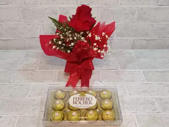 Arranjo com 1 Rosa Dobrada Vermelha - Ferrero 12 Unidades