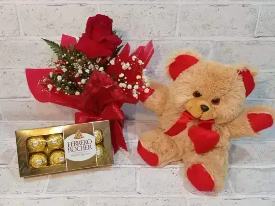 Arranjo com 1 Rosas Dobradas Vermelhas + Chocolates + Pelucia - Ferrero 8 Unidades