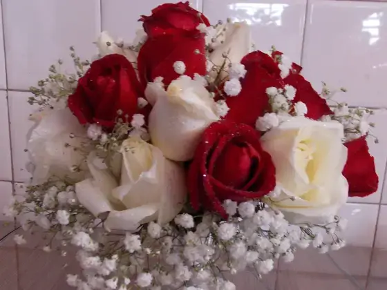 Buquê Noiva Rosas Vermelhas e Brancas - 15 Rosas