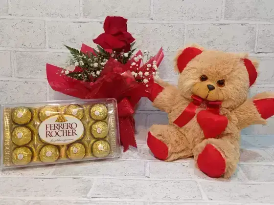 Arranjo com 1 Rosas Dobradas Vermelhas + Chocolates + Pelucia - Ferrero 12 Unidades