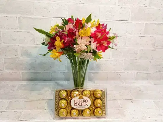Vaso com Astromelias + Chocolates - Ferrero 12 Unidades
