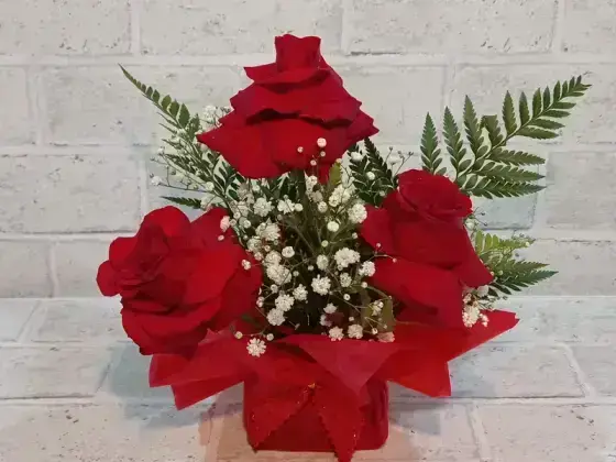 Arranjo de 3 Rosas Vermelhas Dobradas Manualmente