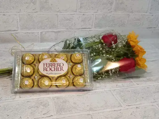 Ramalhete de Girassol + 2 Rosas Vermelhas - Ferrero 12 Unidades