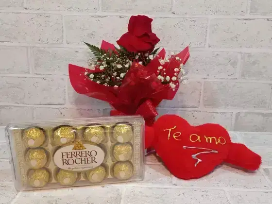 Arranjo com 1 Rosas Dobradas Vermelhas + Chocolates + Coração Pequeno - Ferrero 12 Unidades
