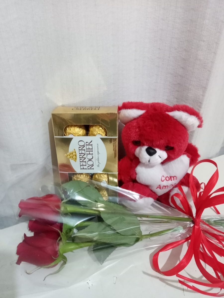 Ramalhete de Rosas com Pelúcia e Caixa de Chocolate / Vermelhas / 03 Unidades