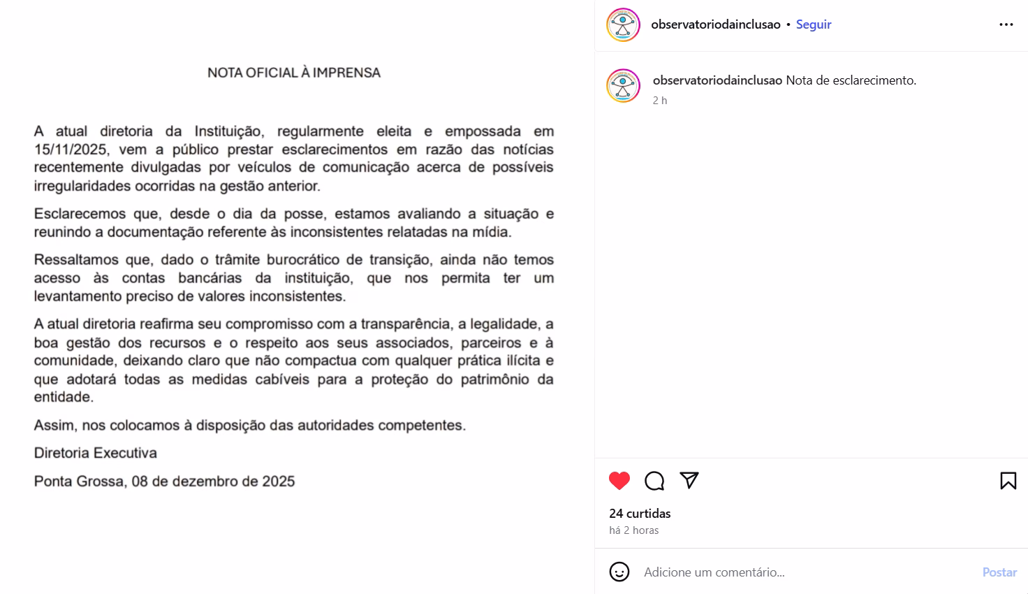 Instituição divulga nota após ex-presidente ser indiciada por desvio em PG