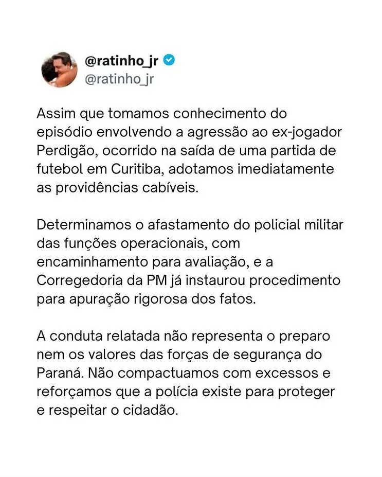 Ratinho Jr. determina afastamento de PM após agressão a Perdigão em Curitiba